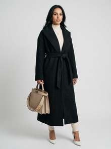 Women's Long Belted Wool Coat in Black – three-quarter view