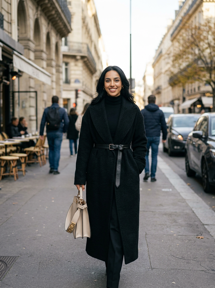 Women's Long Belted Wool Coat in Black – lifestyle shot