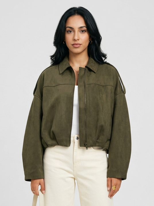 Women's Oversized Faux Suede Jacket in Green – front view