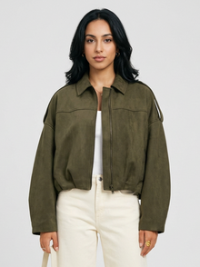 Women's Oversized Faux Suede Jacket in Green – front view
