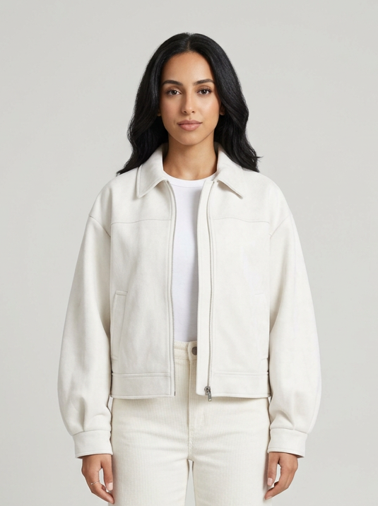 Women's Oversized Faux Suede Jacket in White – front view