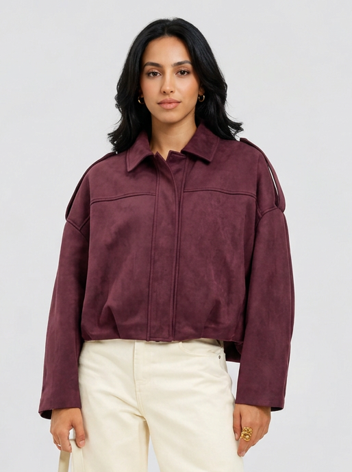Women's Oversized Faux Suede Jacket in Burgundy – front view