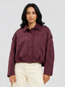 Women's Oversized Faux Suede Jacket in Burgundy – front view