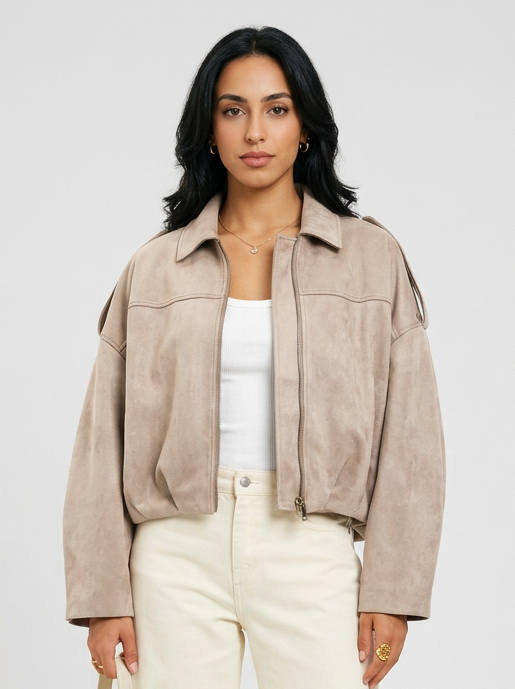 Women's Oversized Faux Suede Jacket in Beige – front view