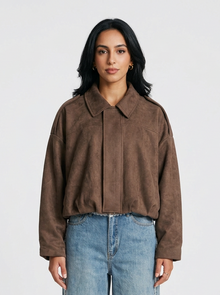 Women's Oversized Faux Suede Jacket in Brown – front view