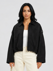 Women's Oversized Faux Suede Jacket in Black – front view