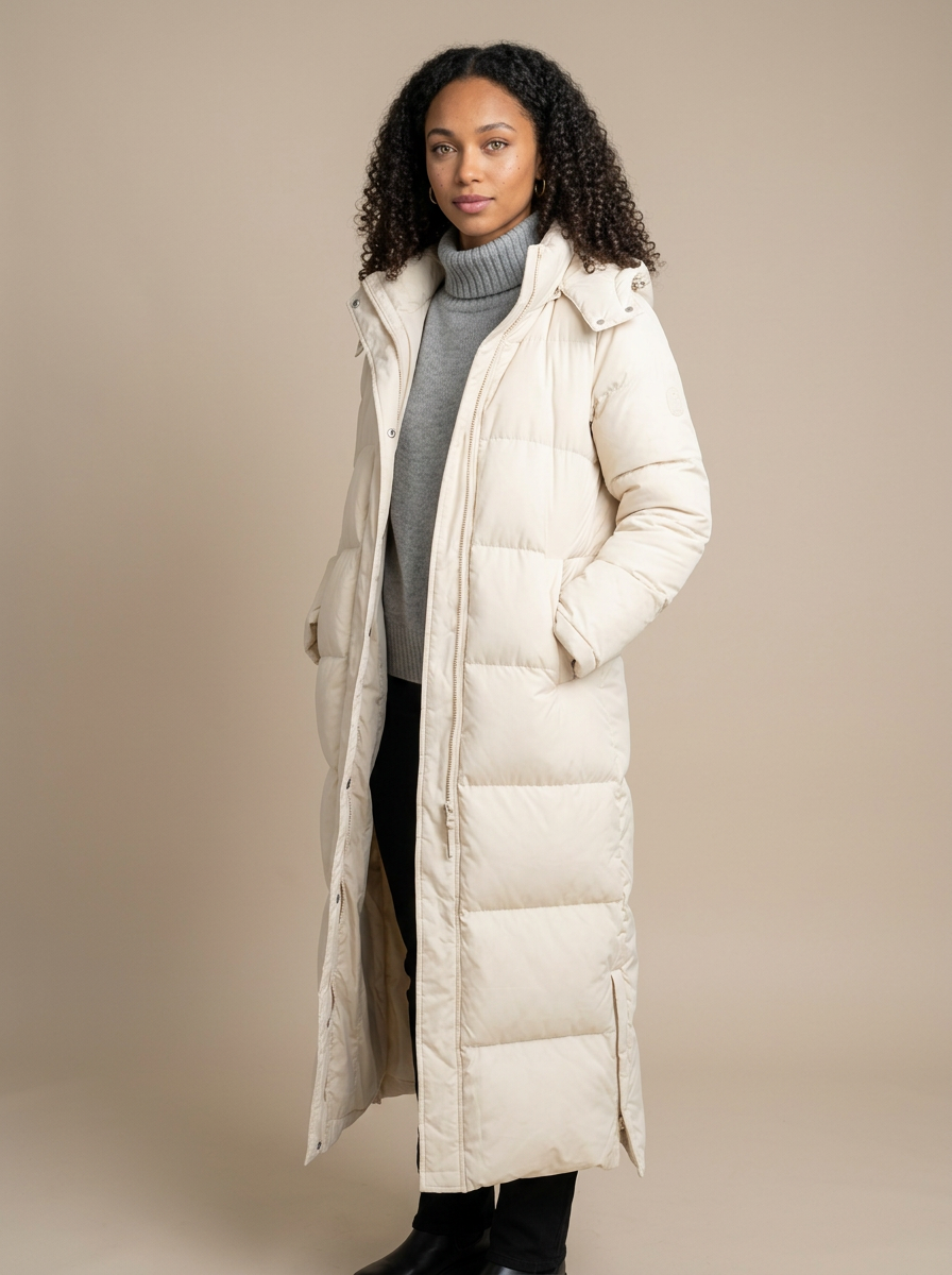 Women's Long Hooded Puffer Coat in White – front view