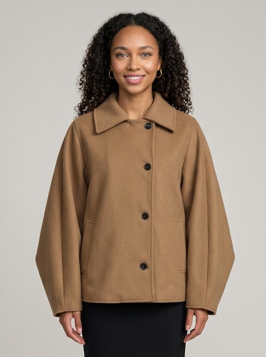 Women's Batwing Sleeve Wool Blend Jacket in Brown – front view