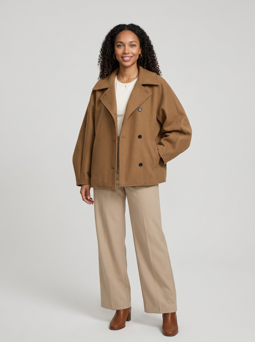Women's Batwing Sleeve Wool Blend Jacket in Brown – front view