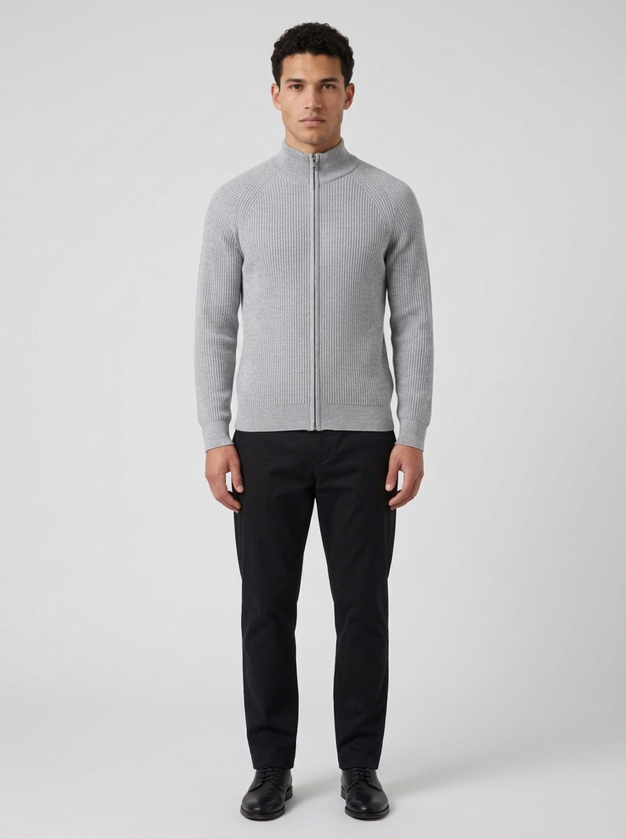 Men's Ribbed Zip Through Cardigan in Light Grey – front view