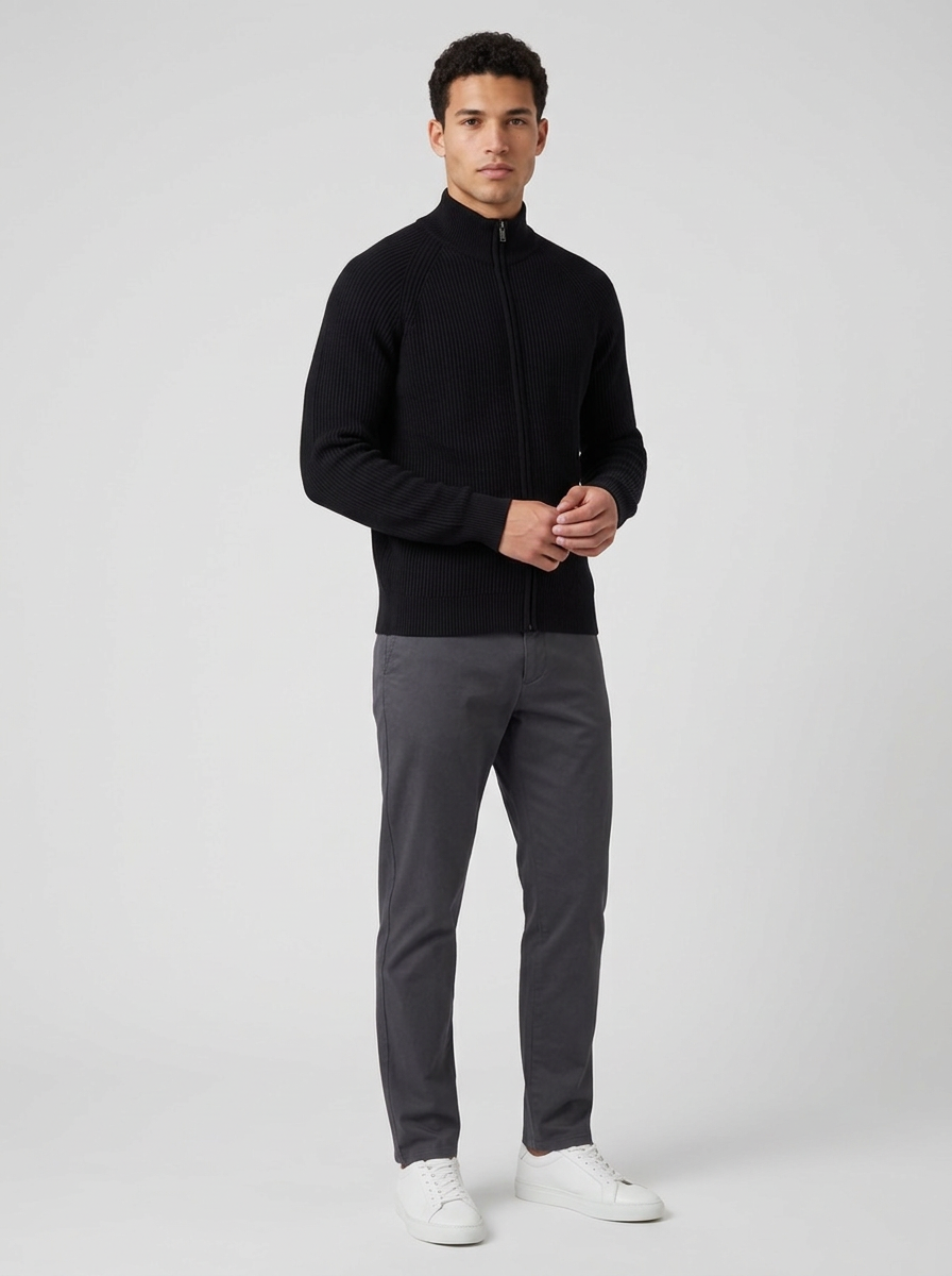 Men's Ribbed Zip Through Cardigan in Black – three-quarter view