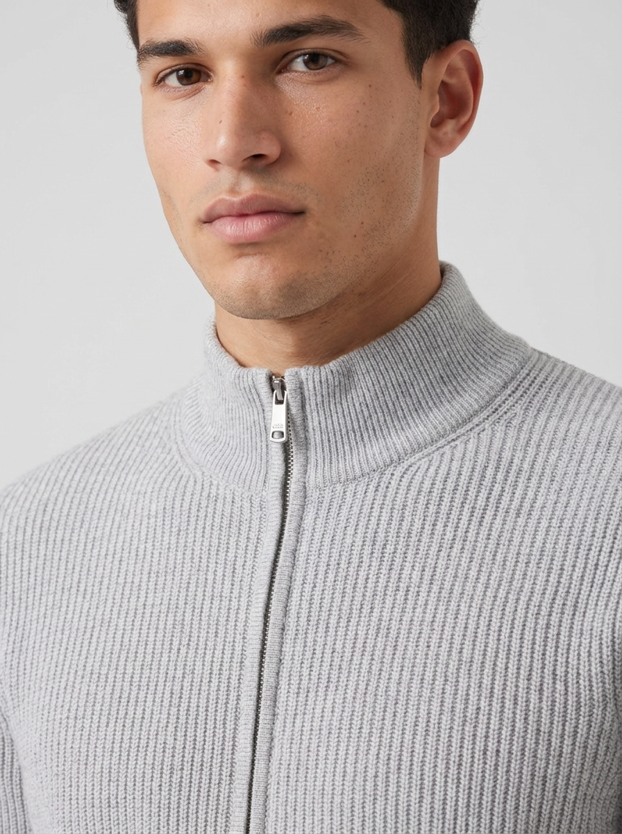Men's Ribbed Zip Through Cardigan in Light Grey – three-quarter view