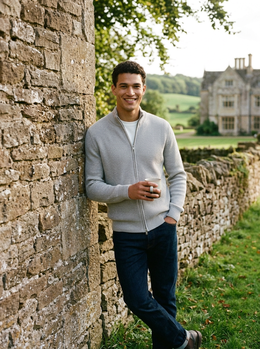 Men's Ribbed Zip Through Cardigan in Light Grey – lifestyle shot