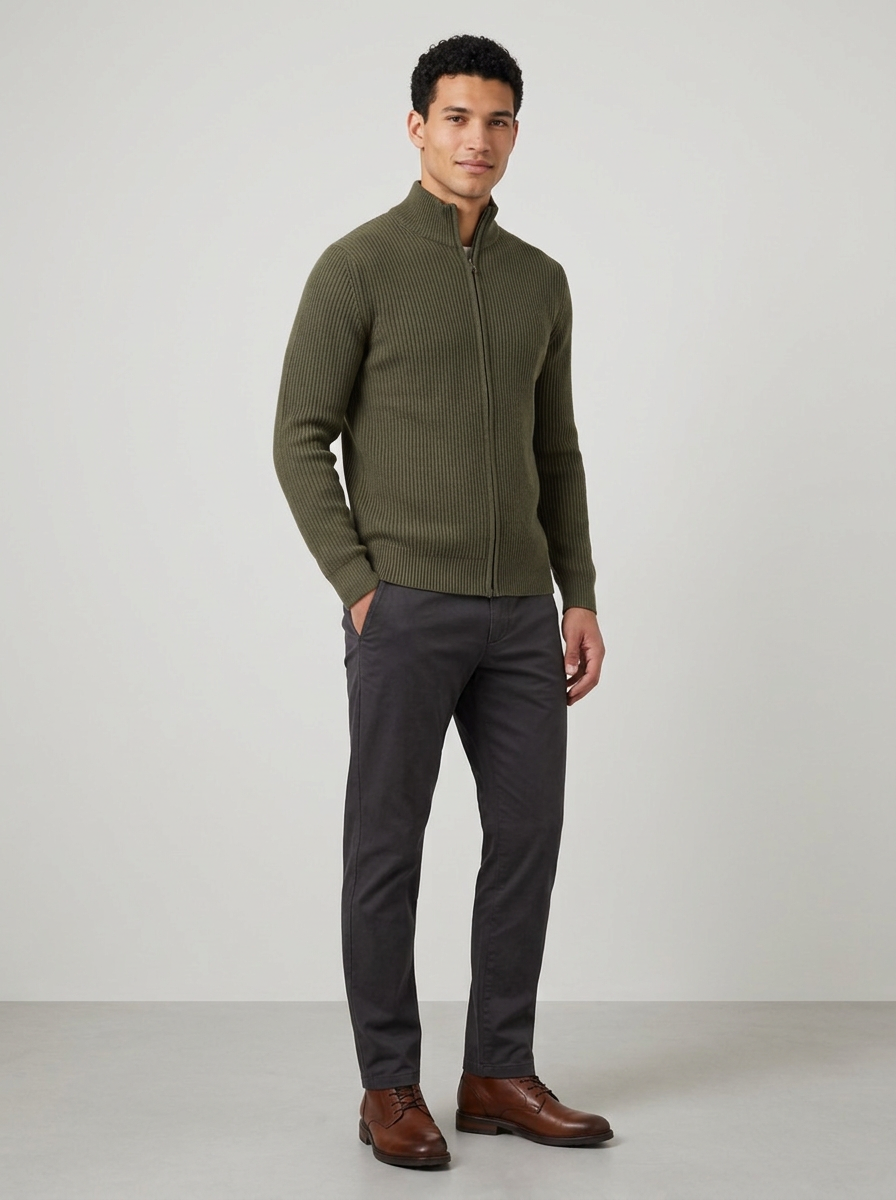 Men's Ribbed Zip Through Cardigan in Army Green – three-quarter view
