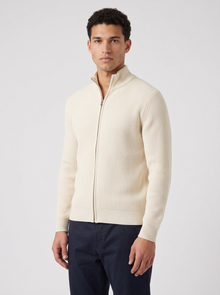 Men's Ribbed Zip Through Cardigan in Cream – three-quarter view