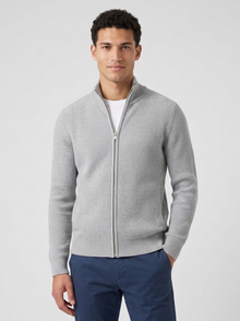 Men's Ribbed Zip Through Cardigan in Light Grey – three-quarter view