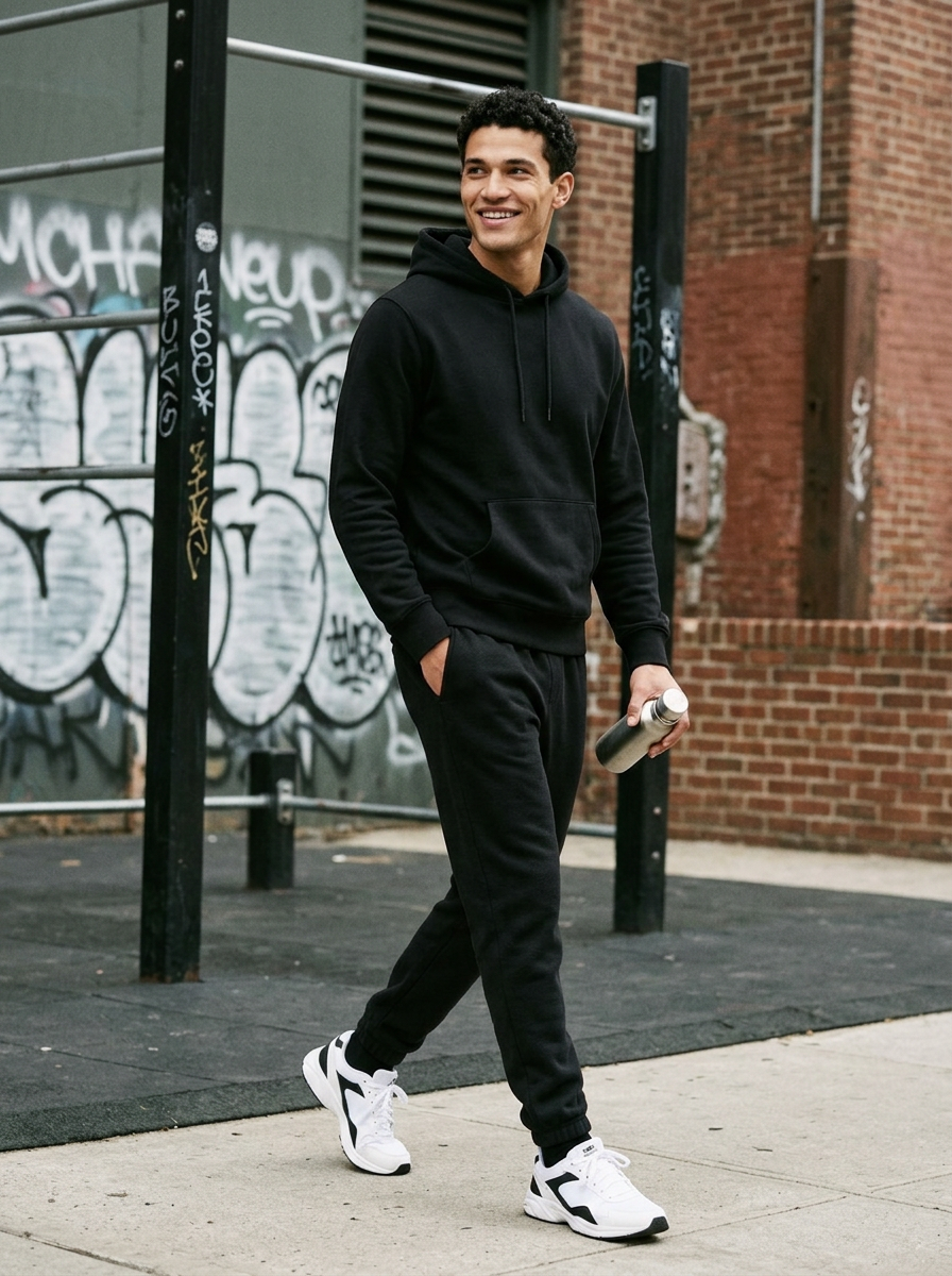 Men's Thick Knit Drawstring Joggers in Black – side view