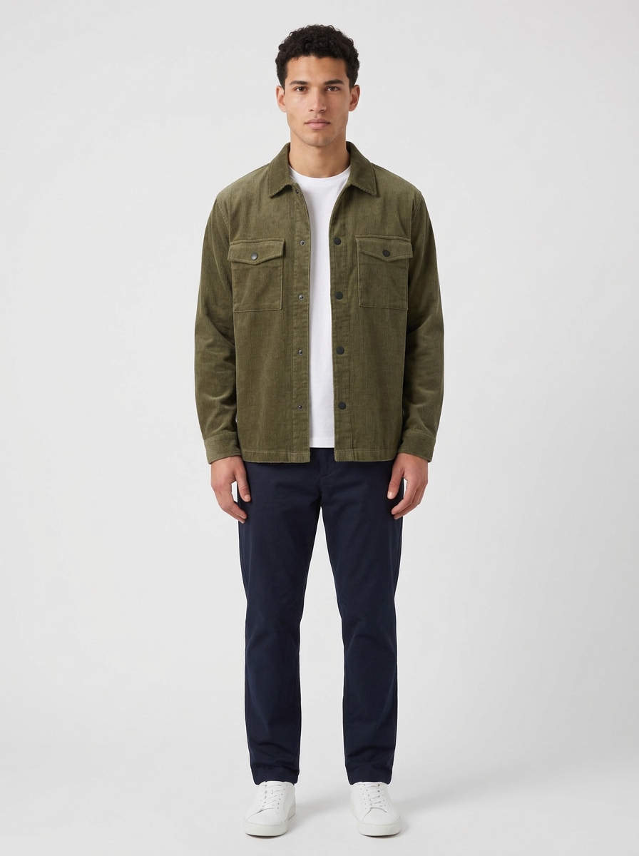 Men's Corduroy Snap Button Overshirt in Green – front view