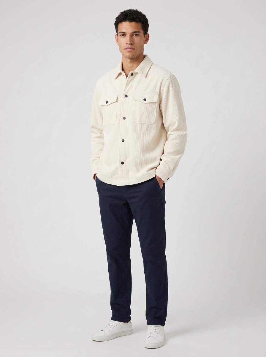 Men's Corduroy Snap Button Overshirt in Apricot – front view