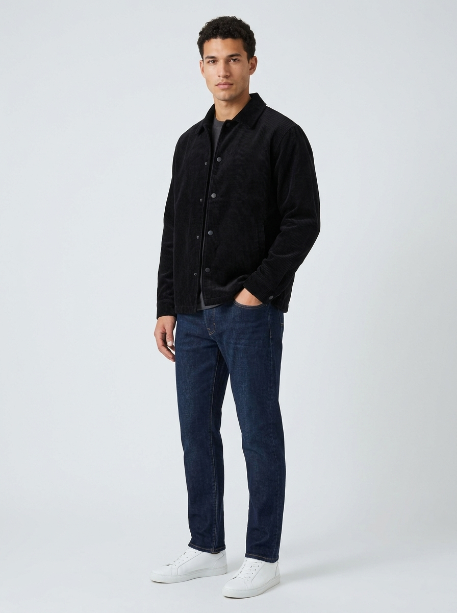Men's Corduroy Snap Button Overshirt in Black – three-quarter view