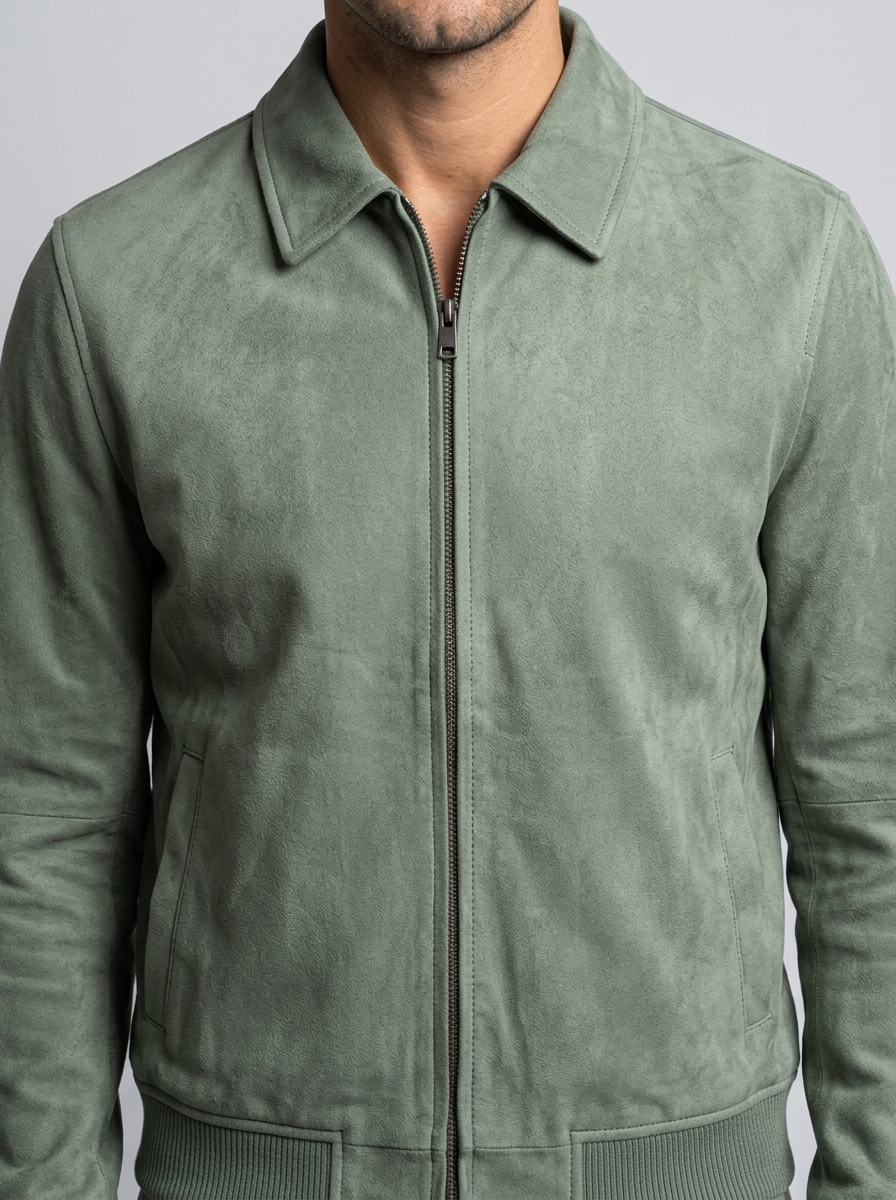 Men's Suede-Look Zip Jacket in Green – detail view