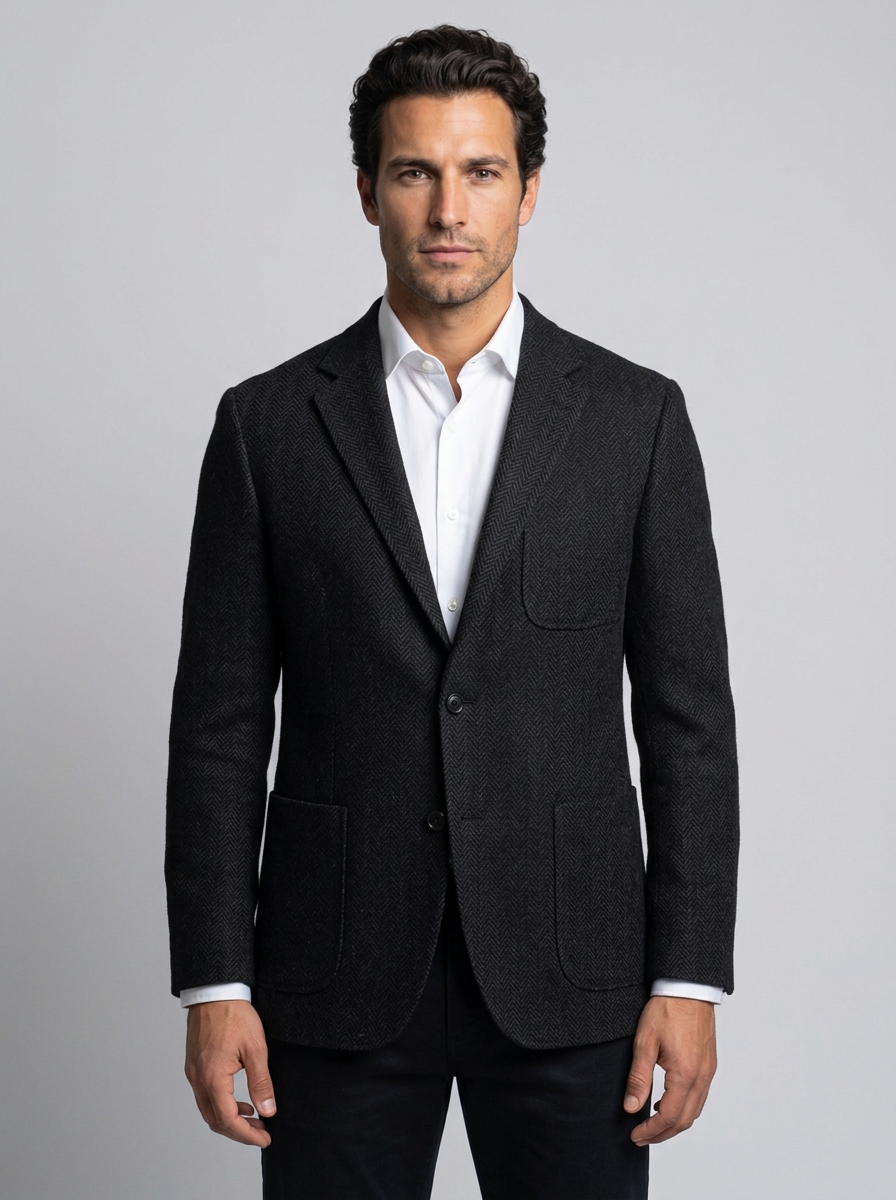 Men's Herringbone Tailored Blazer in Black