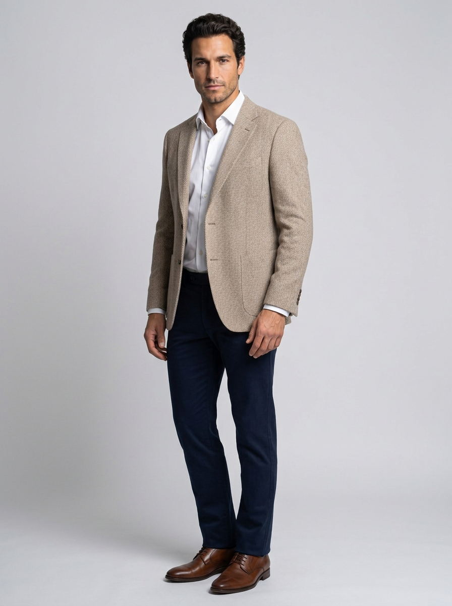 Men's Herringbone Tailored Blazer in Beige