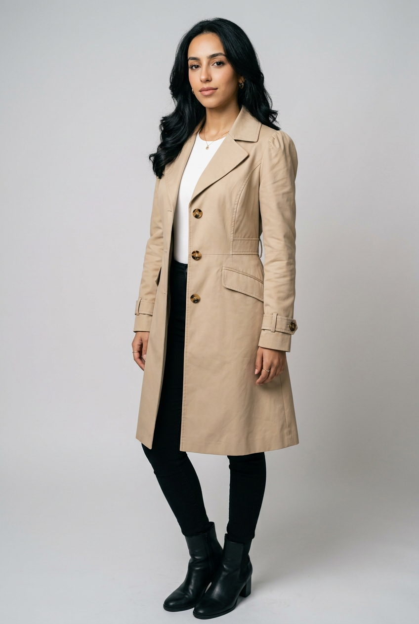 Women's Classic Longline Trench Coat in Beige – front view