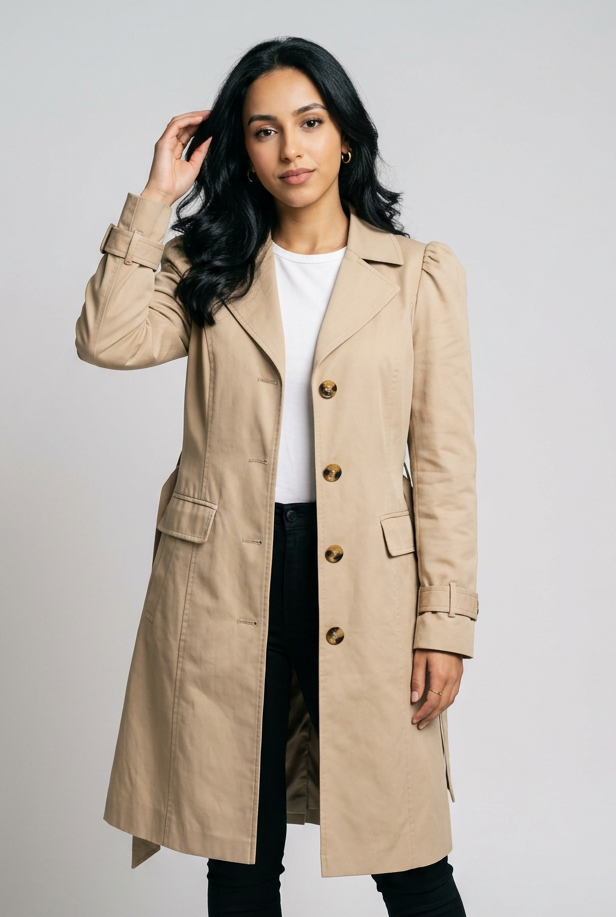 Women's Classic Longline Trench Coat in Beige – front view