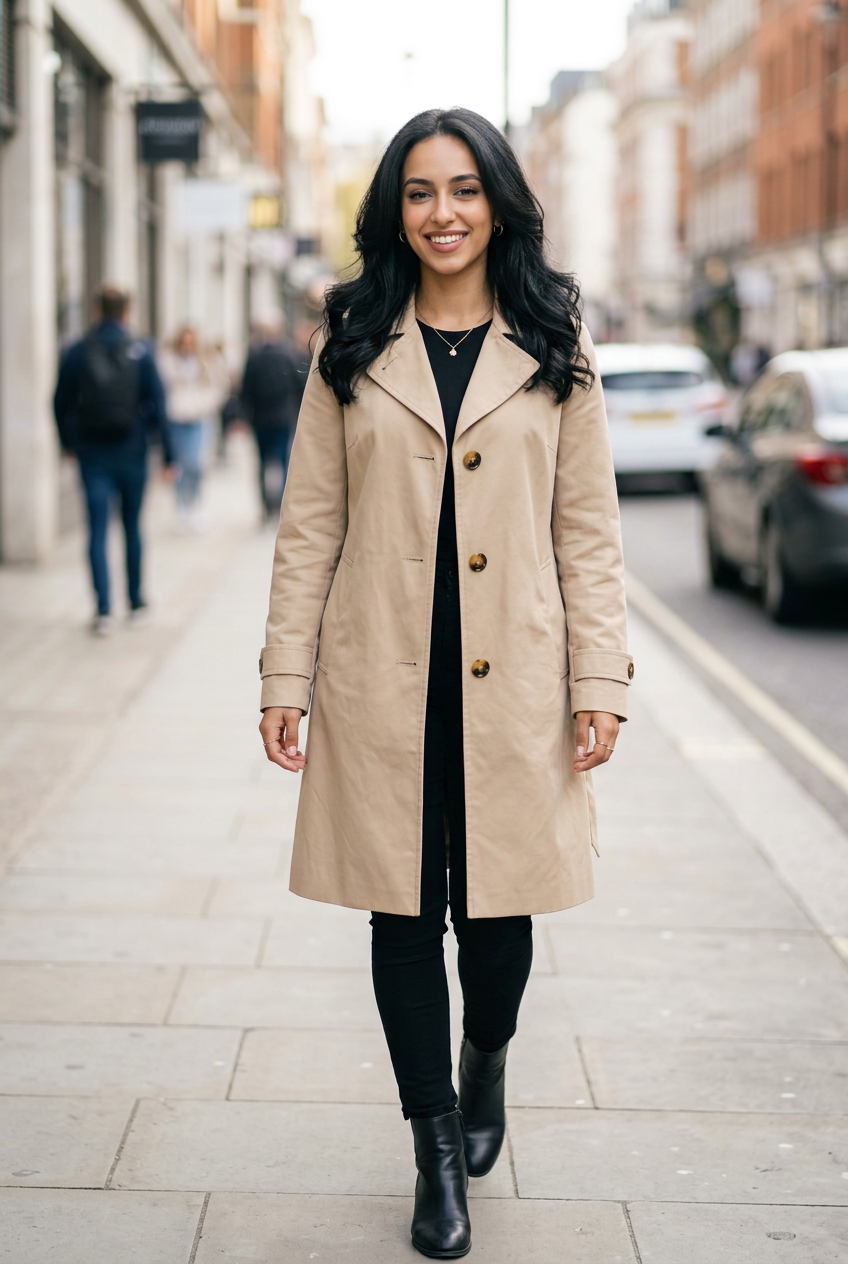 Women's Classic Longline Trench Coat in Beige – lifestyle shot