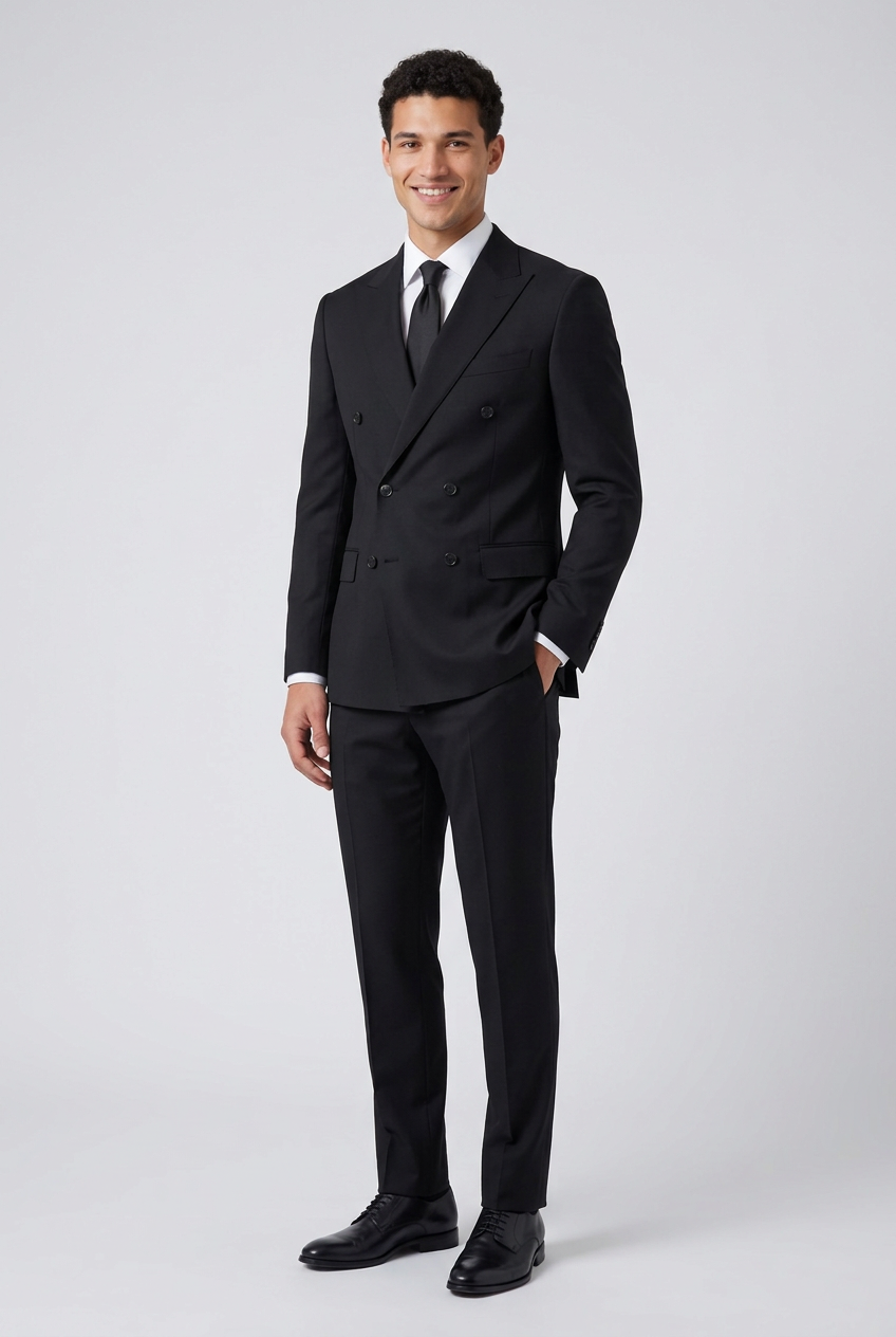 Men's Double Breasted Two Piece Suit in Black – three-quarter view
