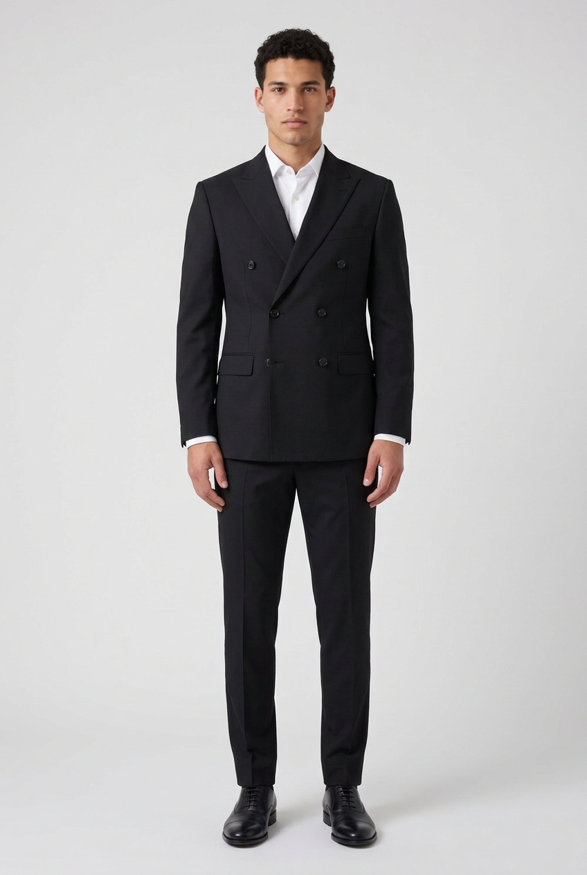 Men's Double Breasted Two Piece Suit in Black – three-quarter view