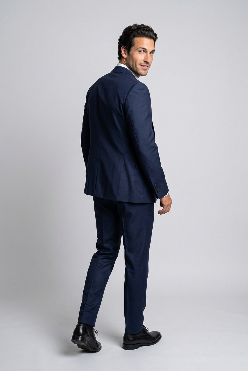 Men's Classic Three Piece Suit in Navy Blue – back view