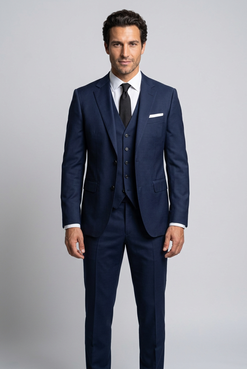 Men's Classic Three Piece Suit in Navy Blue – front view