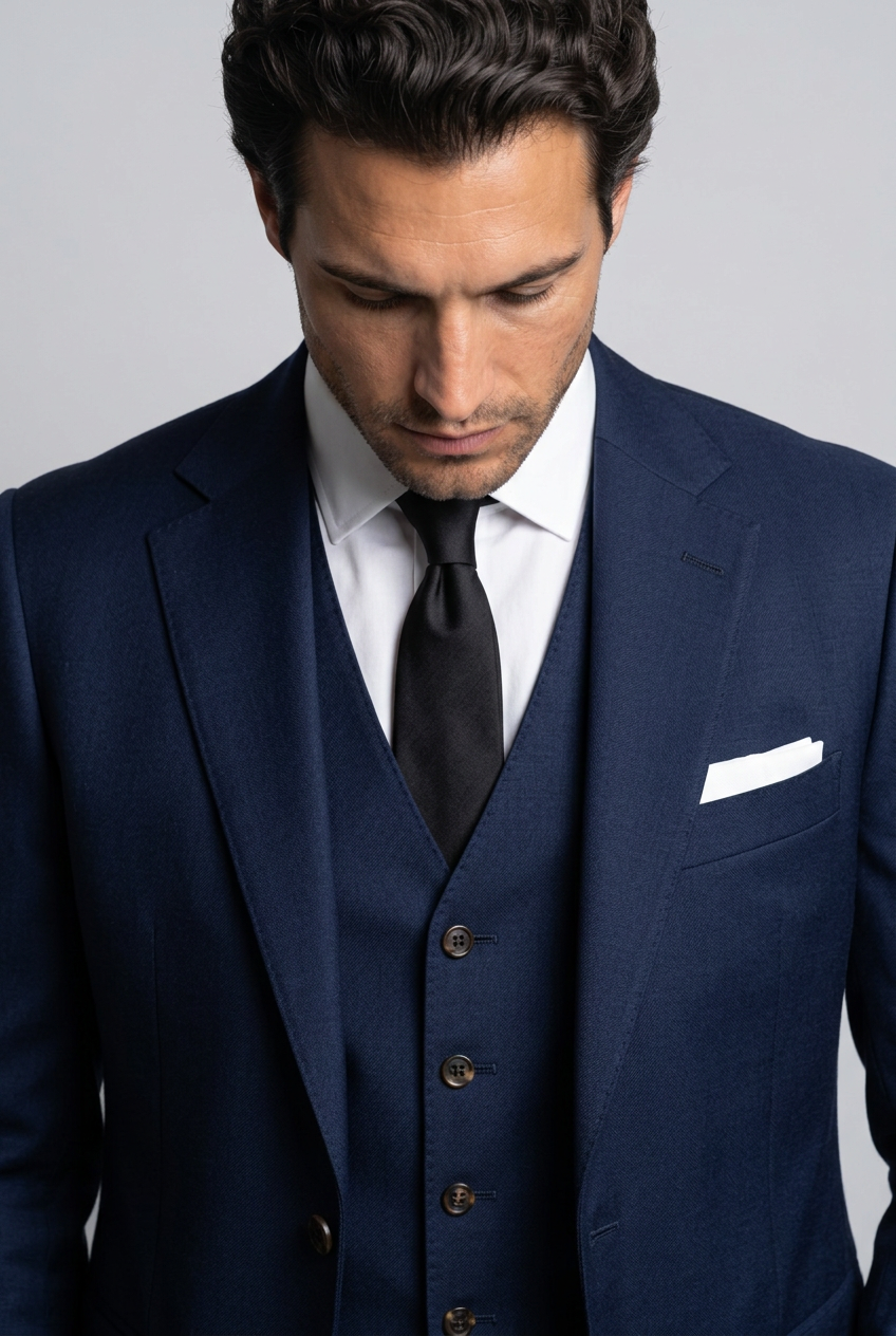 Men's Classic Three Piece Suit in Navy Blue – detail view