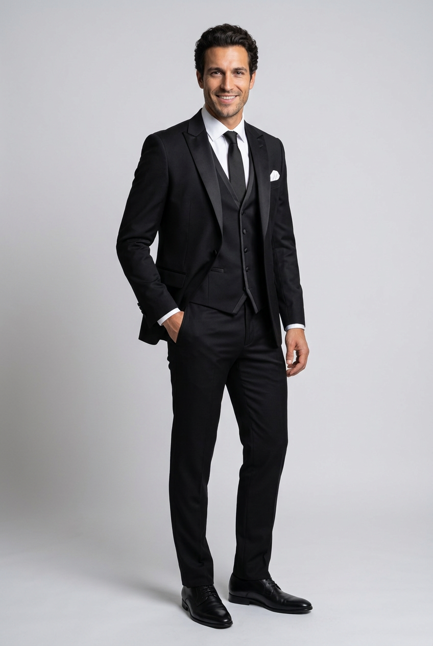 Men's Slim Fit Satin Lapel Three Piece Suit in Black – front view