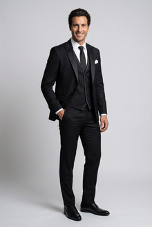 Men's Slim Fit Satin Lapel Three Piece Suit in Black – three-quarter view