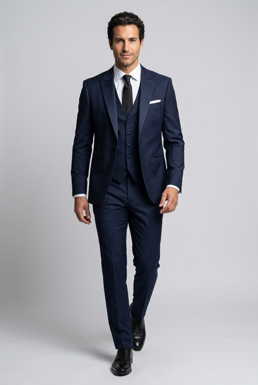 Men's Slim Fit Satin Lapel Three Piece Suit in Navy Blue
