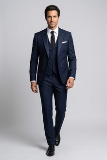 Men's Slim Fit Satin Lapel Three Piece Suit in Navy Blue