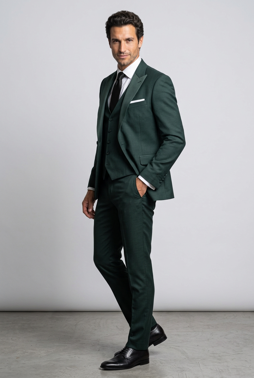 Men's Slim Fit Satin Lapel Three Piece Suit in Dark Green