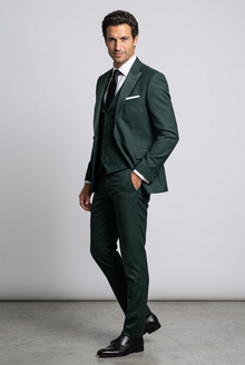 Men's Slim Fit Satin Lapel Three Piece Suit in Dark Green