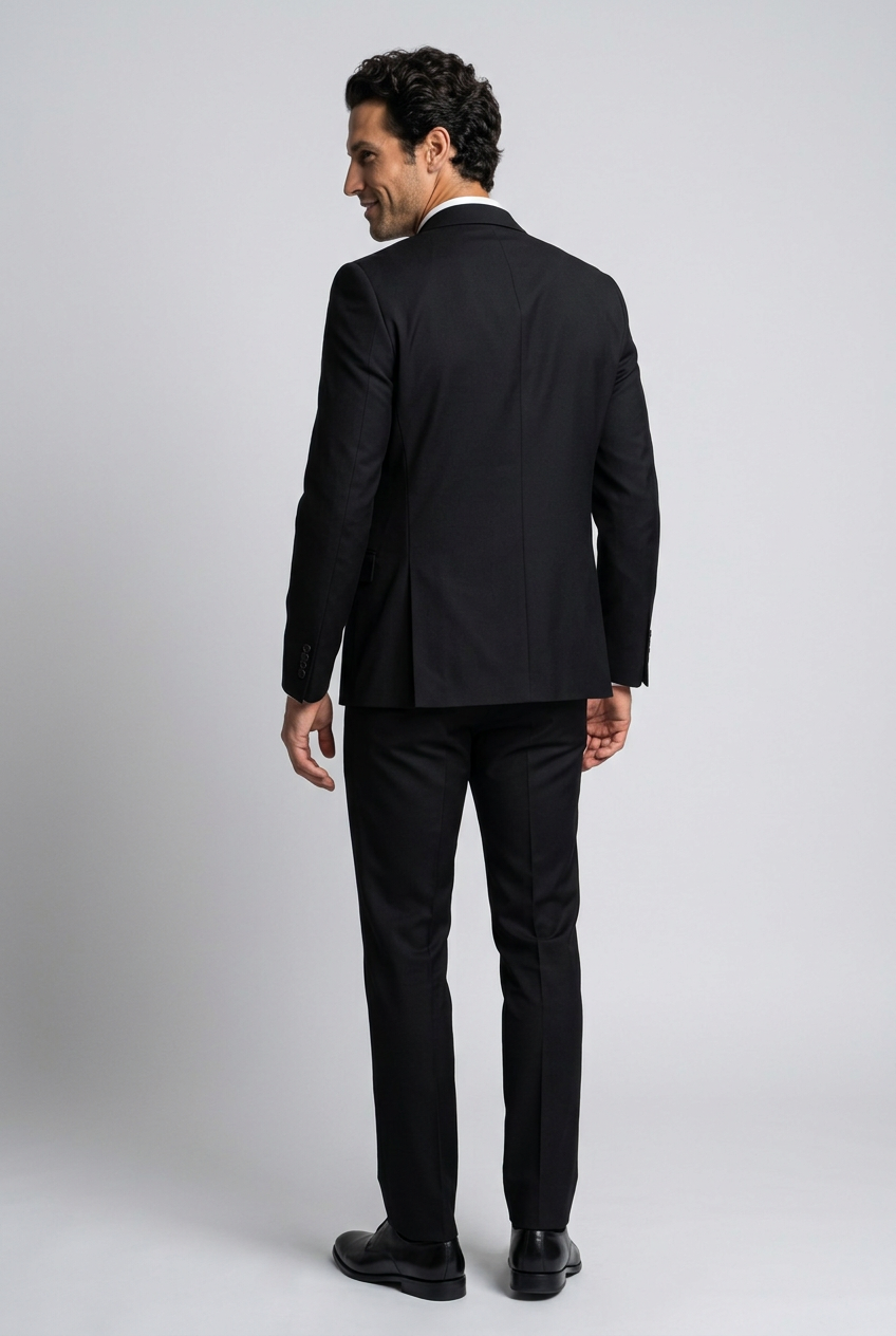 Men's Slim Fit Satin Lapel Three Piece Suit in Black – back view