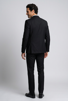 Men's Slim Fit Satin Lapel Three Piece Suit in Black – back view