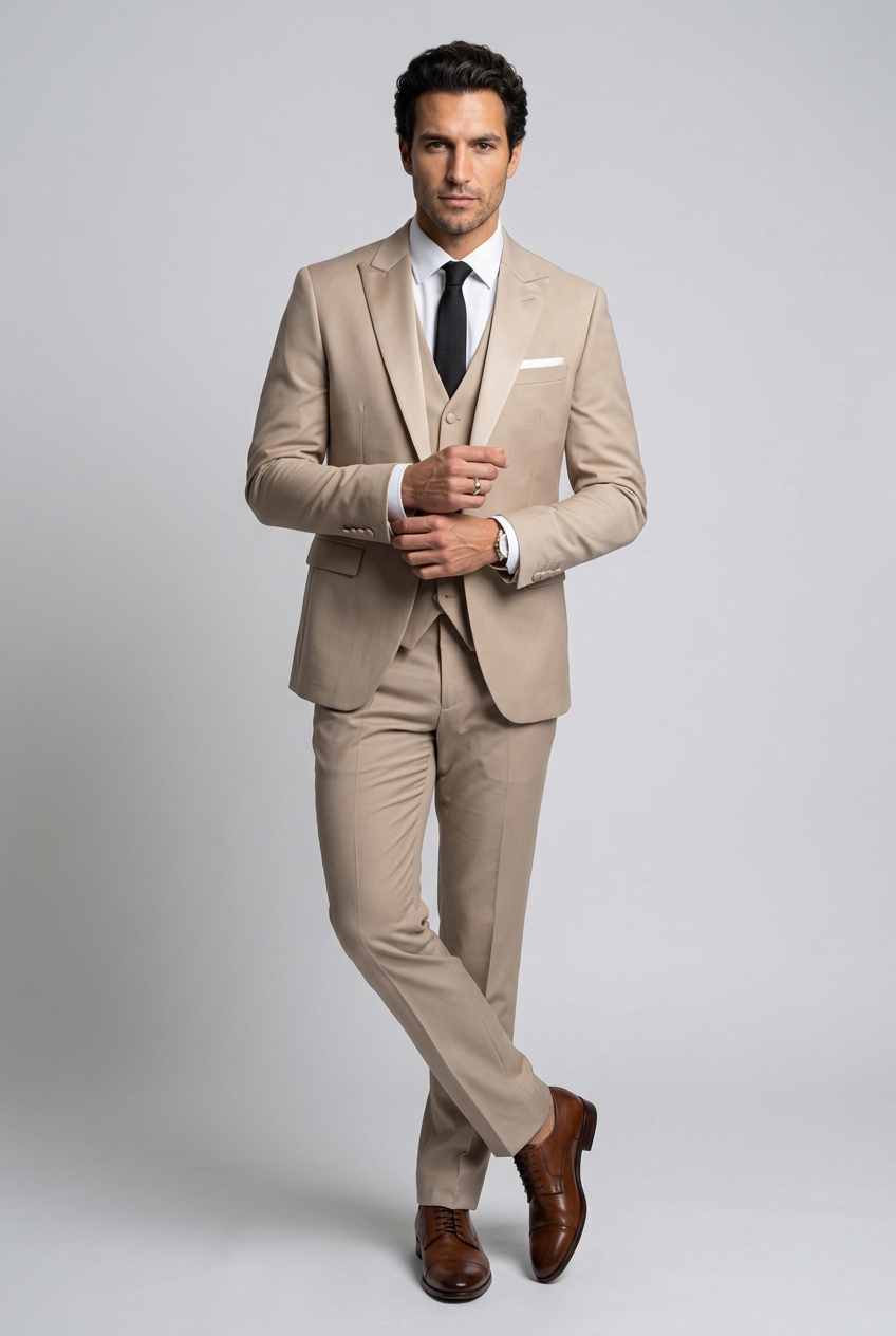 Men's Slim Fit Satin Lapel Three Piece Suit in Beige