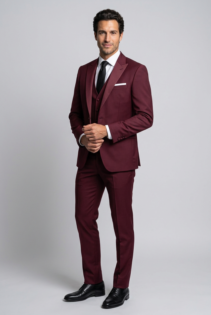 Men's Slim Fit Satin Lapel Three Piece Suit in Wine Red