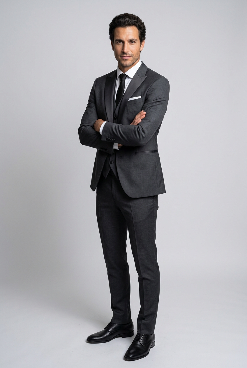 Men's Slim Fit Satin Lapel Three Piece Suit in Dark Grey