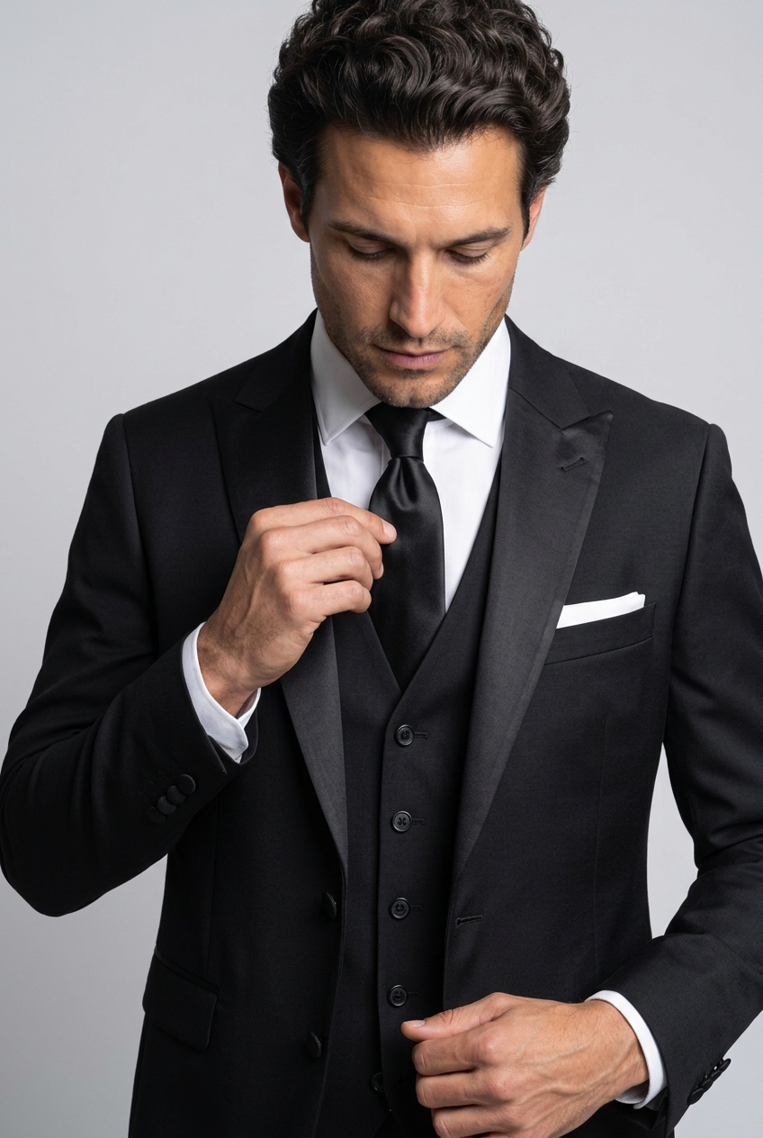 Men's Slim Fit Satin Lapel Three Piece Suit in Black – detail view