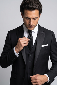Men's Slim Fit Satin Lapel Three Piece Suit in Black – detail view