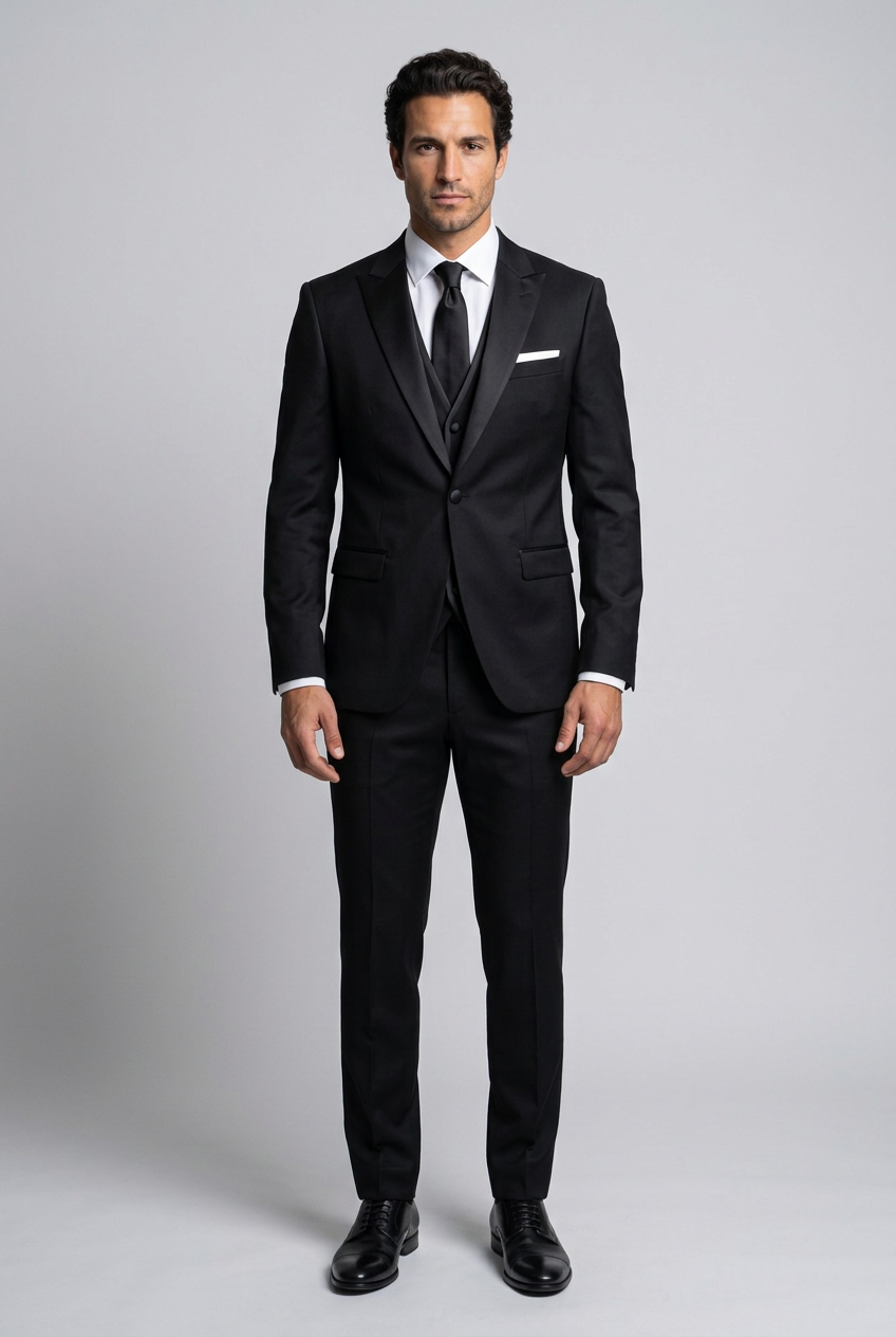 Men's Slim Fit Satin Lapel Three Piece Suit in Black – front view
