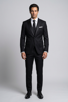 Men's Slim Fit Satin Lapel Three Piece Suit in Black – front view